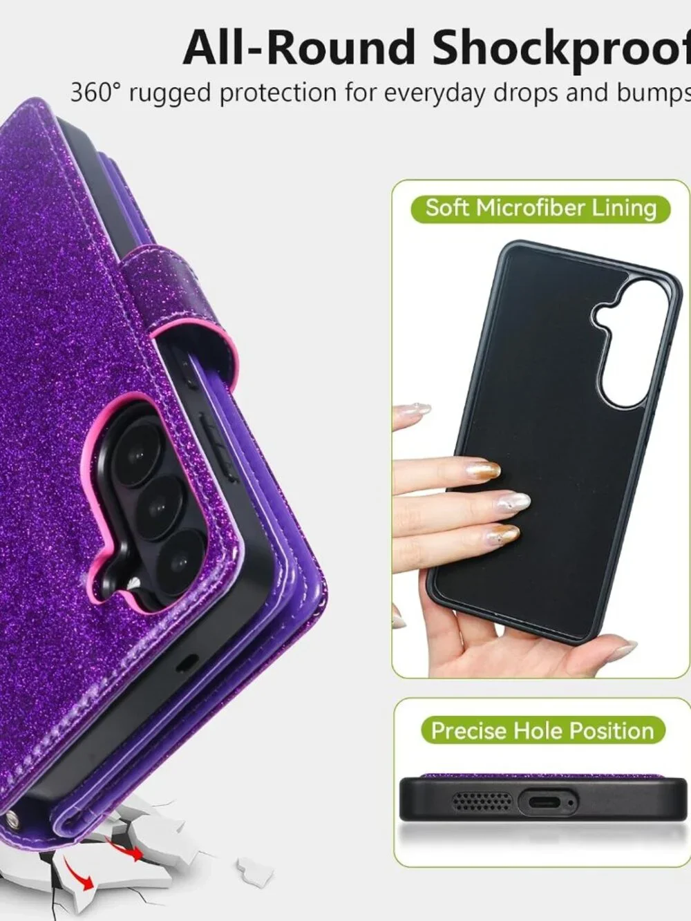 Samsung Galaxy S26 Wallet Case RFID Detachable Card Holder Glitter Purple Cover